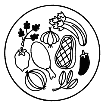 Circular design with black line art of various vegetables on a white background, indicating real ingredients