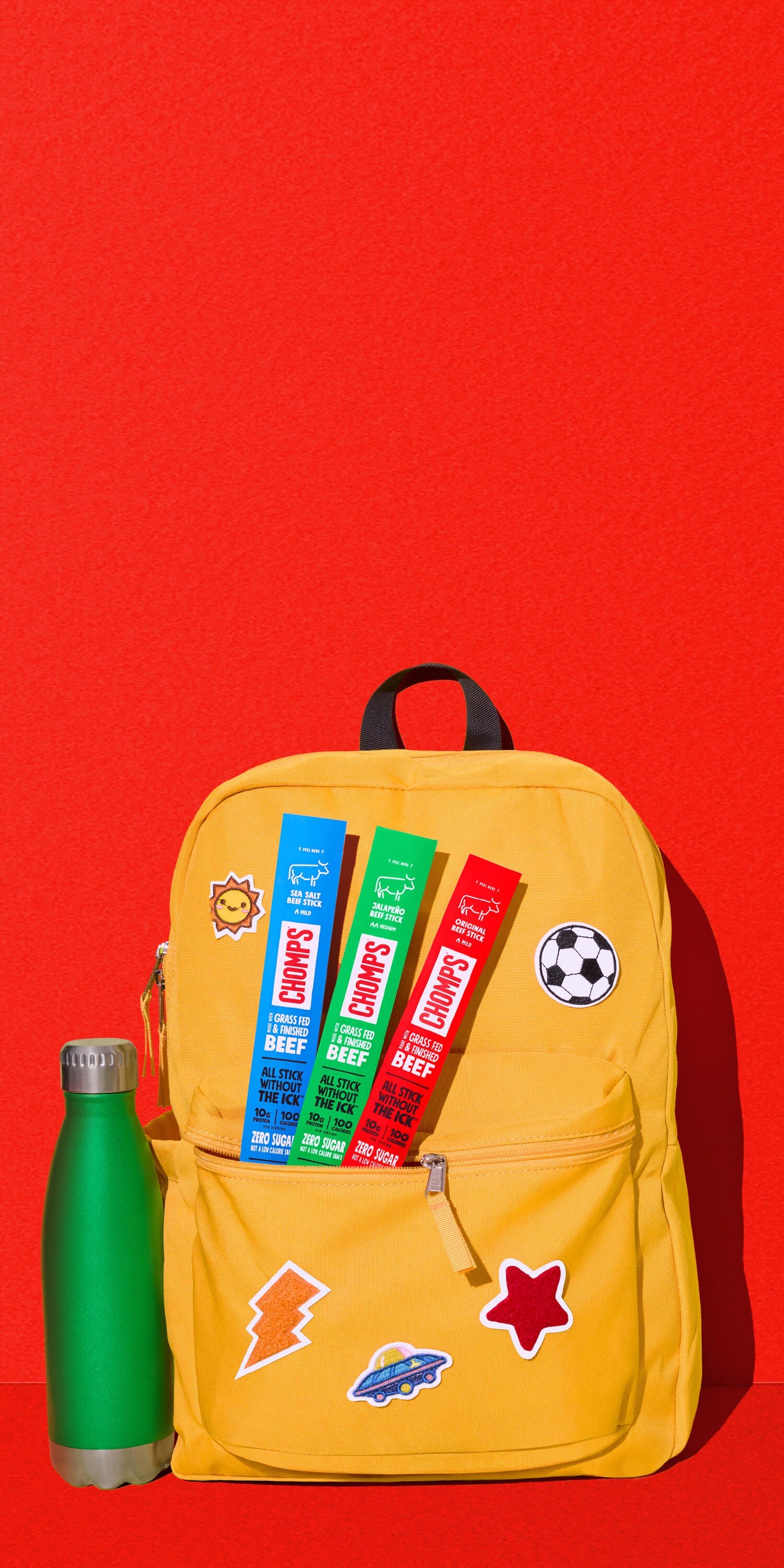 Stock up on the perfect snack for going back to school – a picture of Chomps in a backpack.