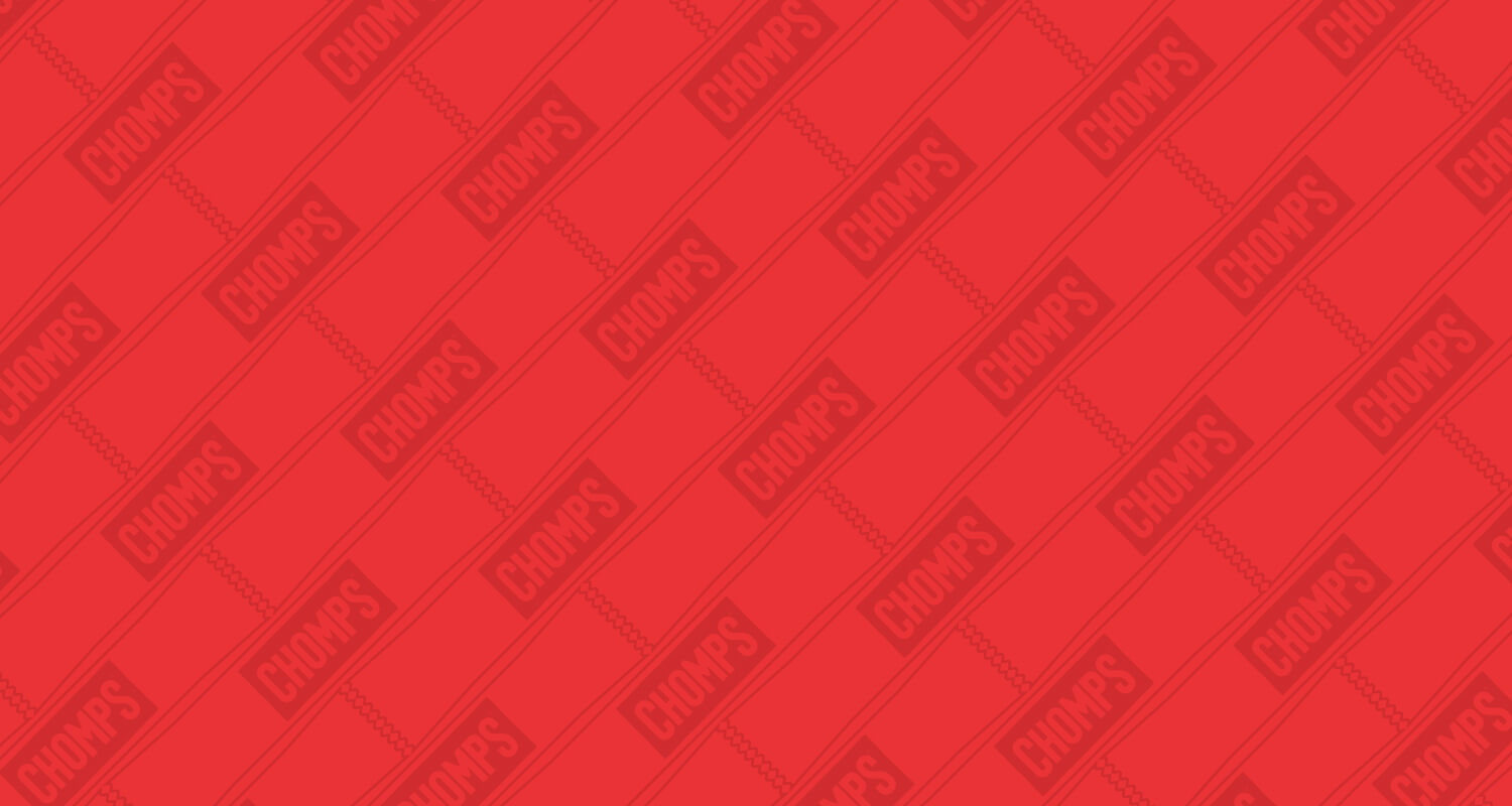 A red background image with a slightly darker repeating Chomps logo