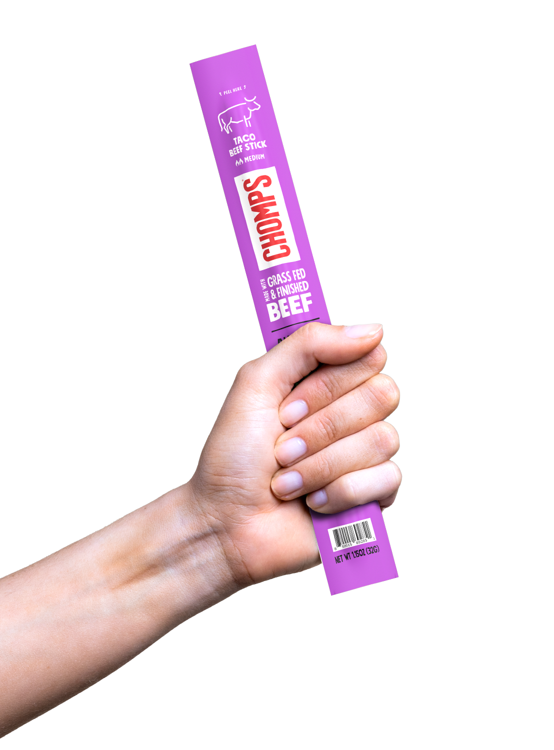 Hand holding Chomps Taco Seasoned Beef meat stick