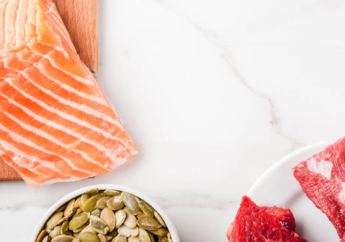 A picture of Salmon, Beef, and Seeds