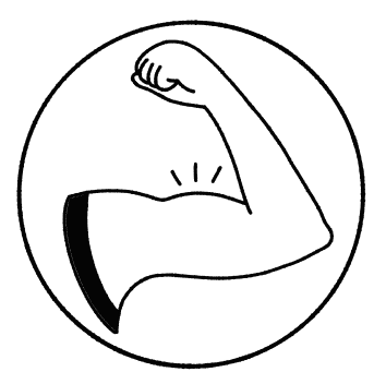 A black and white line art icon depicting a flexed bicep arm inside a circular border, commonly used as a fitness or strength symbol.