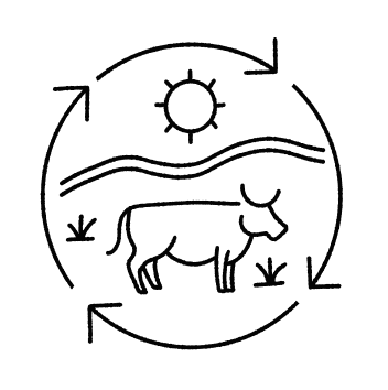 Circular icon showing a cow, indicating "thoughtfully sourced" animal products