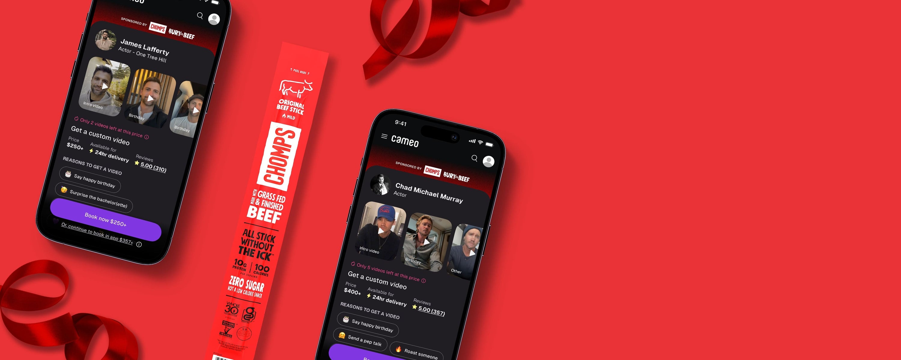 Two smartphones displaying the Cameo app on a red background with a red ribbon and an original Chomps stick.