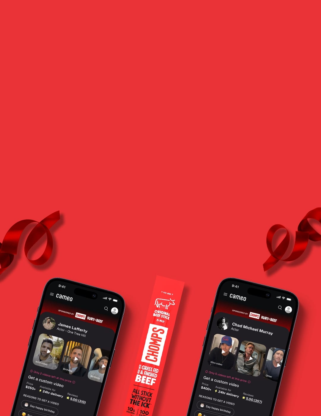 Two smartphones displaying the Cameo app on a red background with decorative ribbons and an Original Chomps stick.