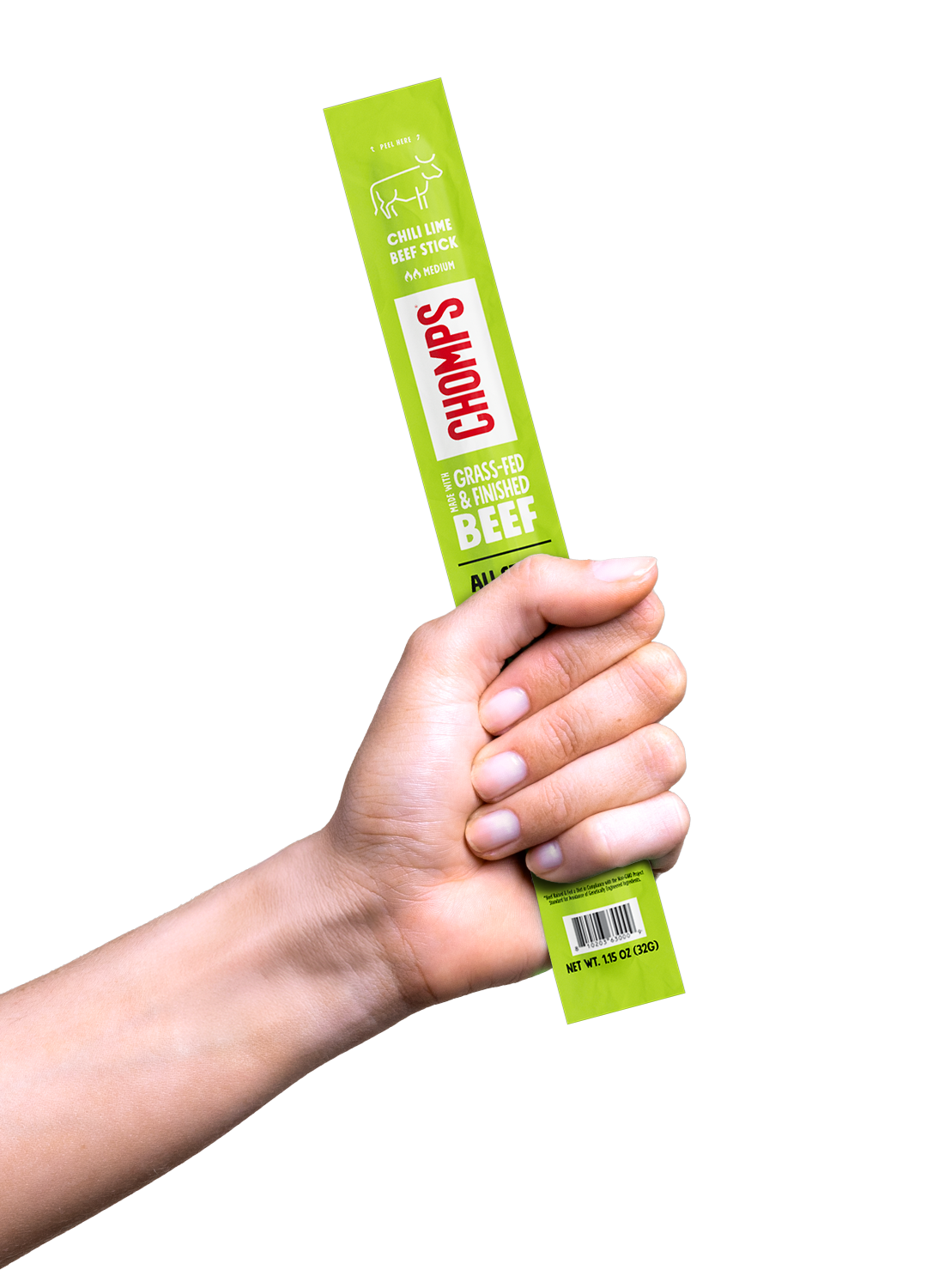 A hand holding a Chomps Chili Lime Beef Stick 