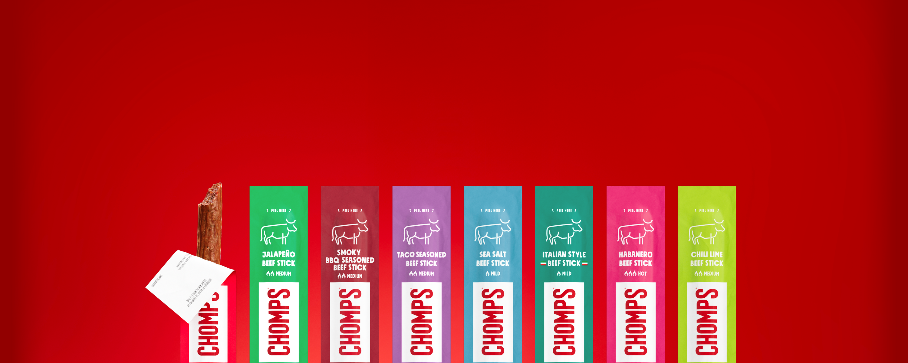 Row of Chomps beef meat stick options on a red background