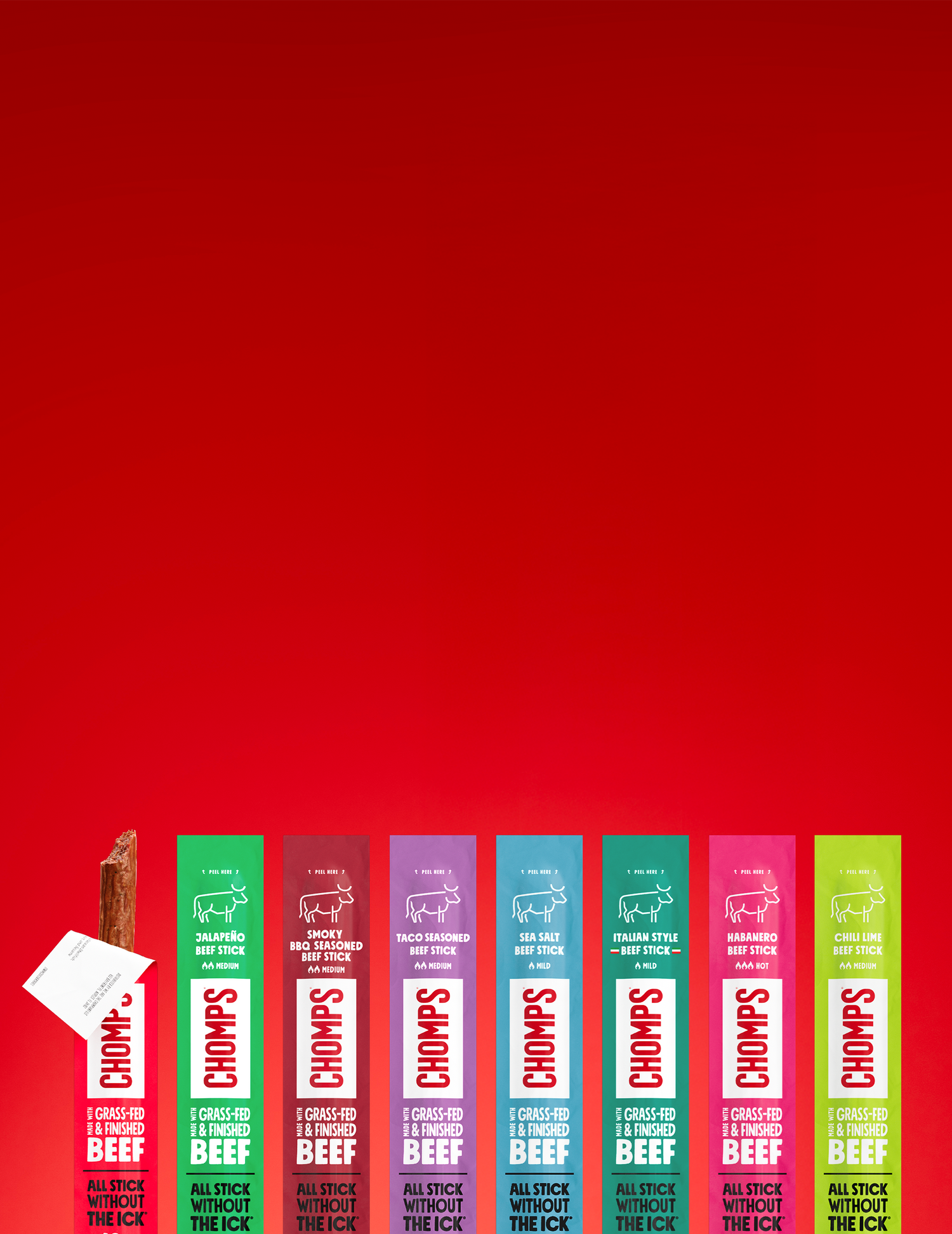 Row of Chomps beef meat stick options on a red background