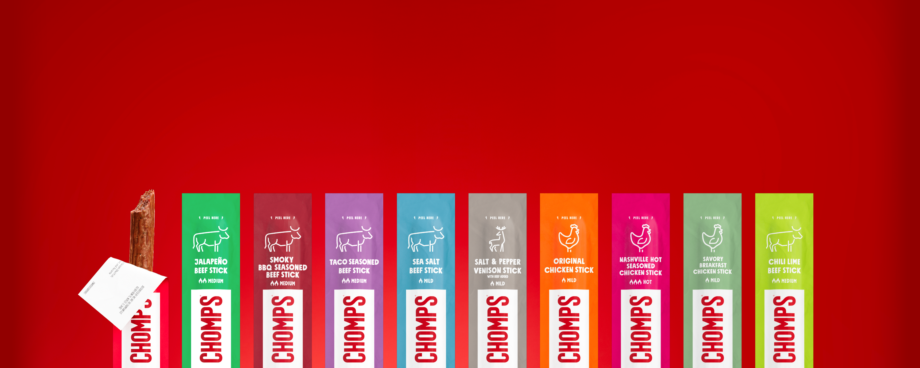 Row of Chomps variety meat stick options on a red background