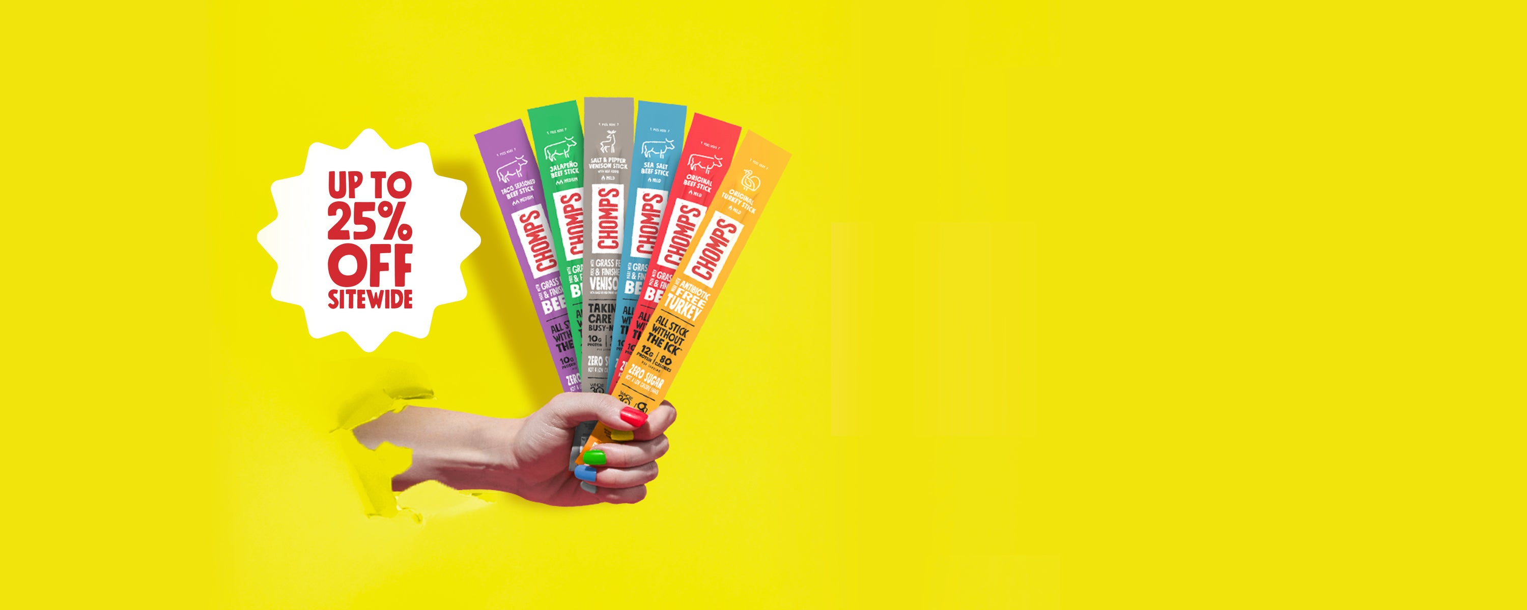A hand holding Chomps bursting through a yellow background with a message that says Up to 25% Off Sitewide.