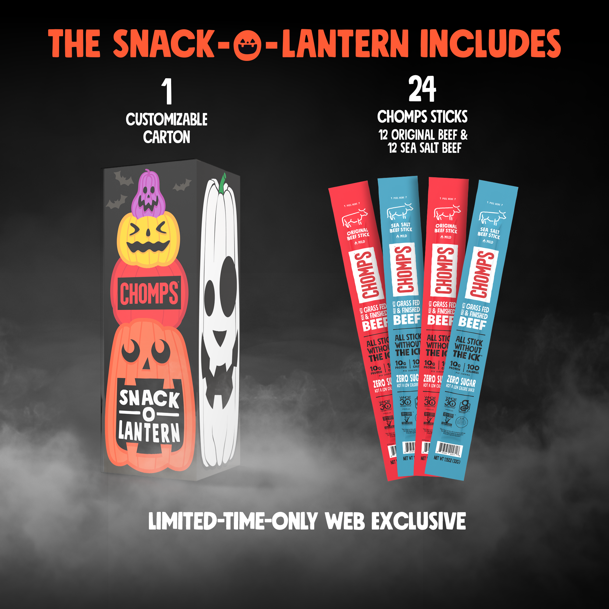 Promotional graphic for Chomps Snack-O-Lantern set with customizable carton and chomp sticks on a dark background.
