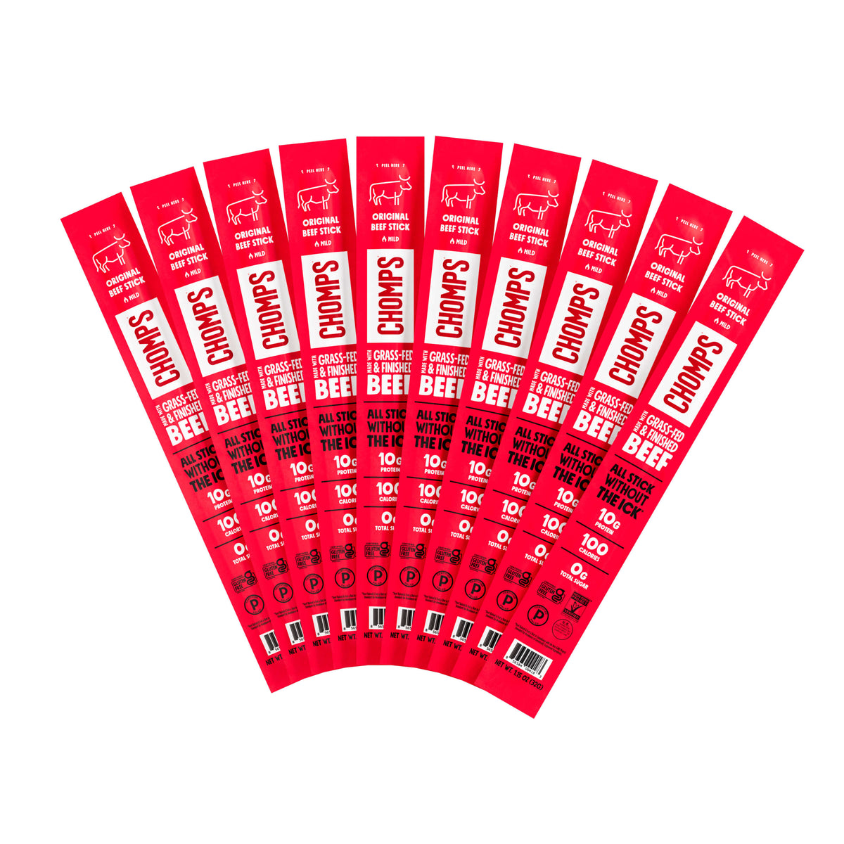 Chomps Original Beef snack sticks fanned out