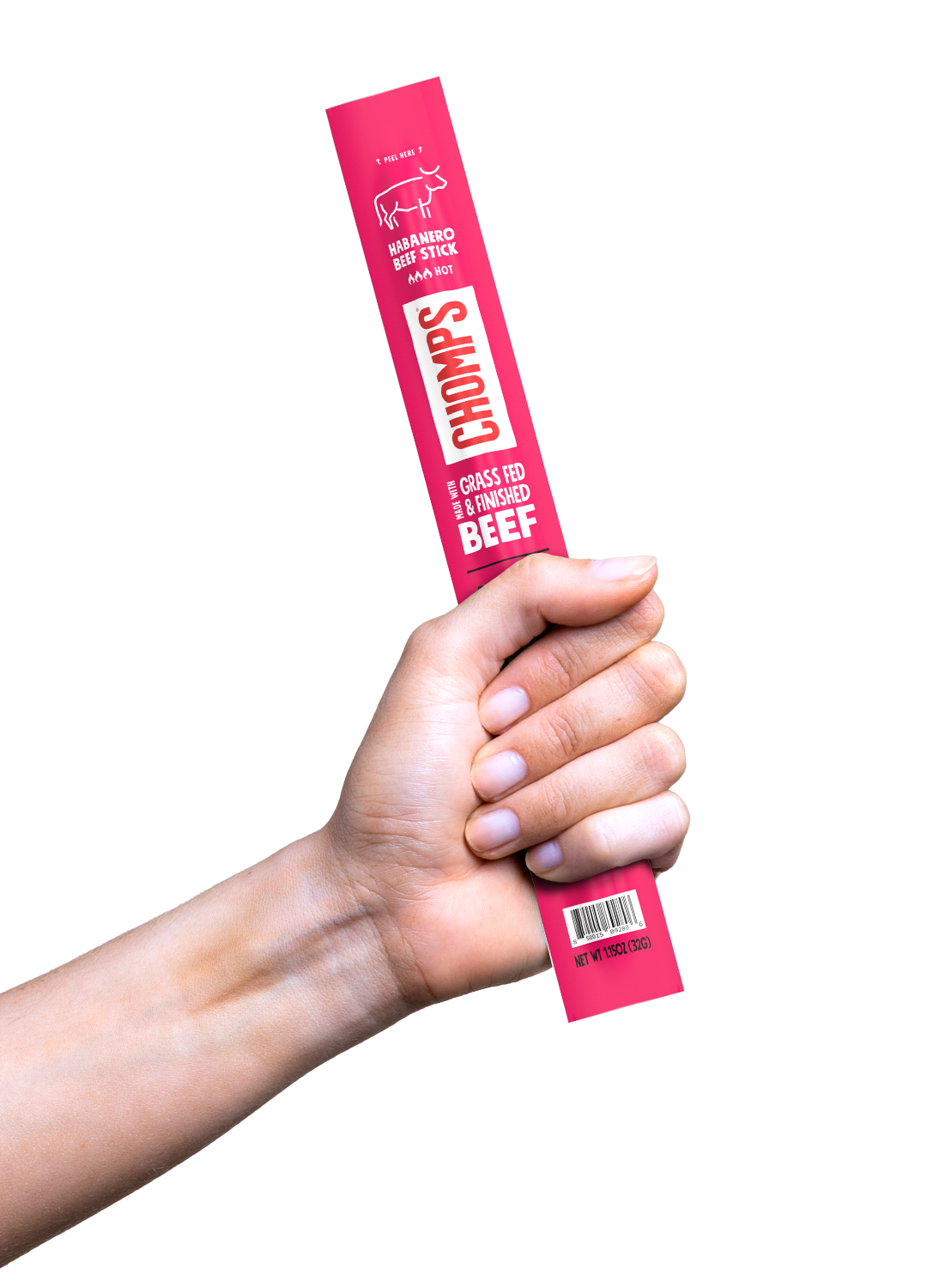 Hand holding Chomps Habanero Beef meat stick