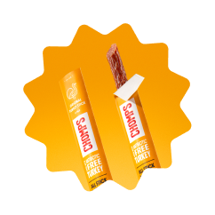 Two Chomps Original Chicken sticks on a bright yellow starburst background.