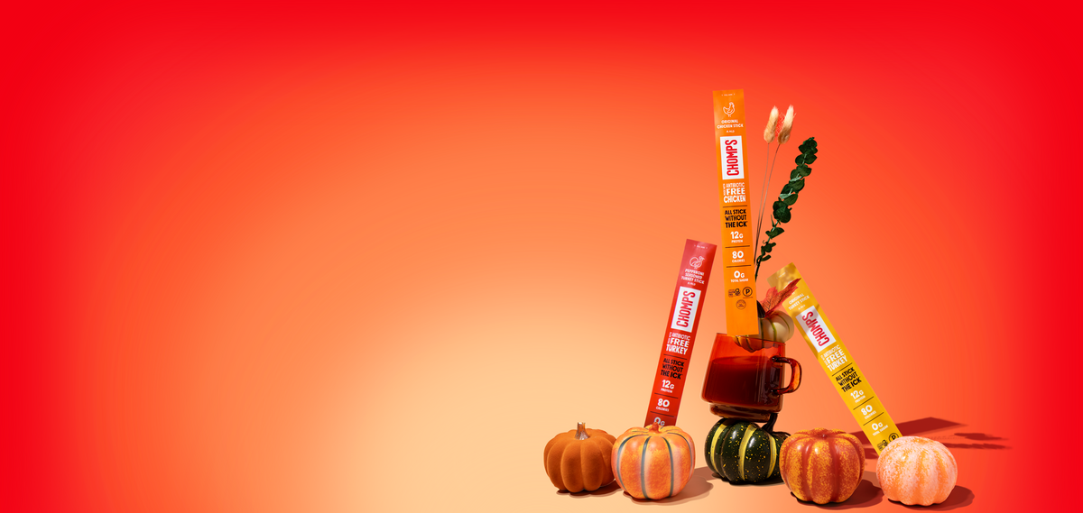 A product still life on a bright red-to-orange gradient background. Chicken, Beef and Turkey original Chomps sticks are arranged around small pumpkins.