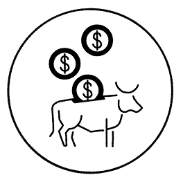 A black and white line art icon depicting a cow with three "money" coins floating above it
