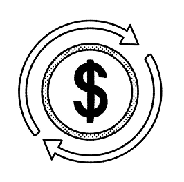 A black circular icon featuring a dollar sign in the center, surrounded by two curved arrows, on a solid white background.