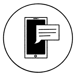 Black and white line icon depicting a smartphone with a speech bubble