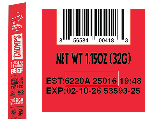 Example Original Beef Chomps stick showing the lot code location