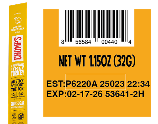 Example Original Turkey Chomps stick showing the lot code location