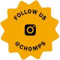 A yellow starburst-style badge with an instagram icon in the center and the text 'FOLLOW US @CHOMPS' around it.