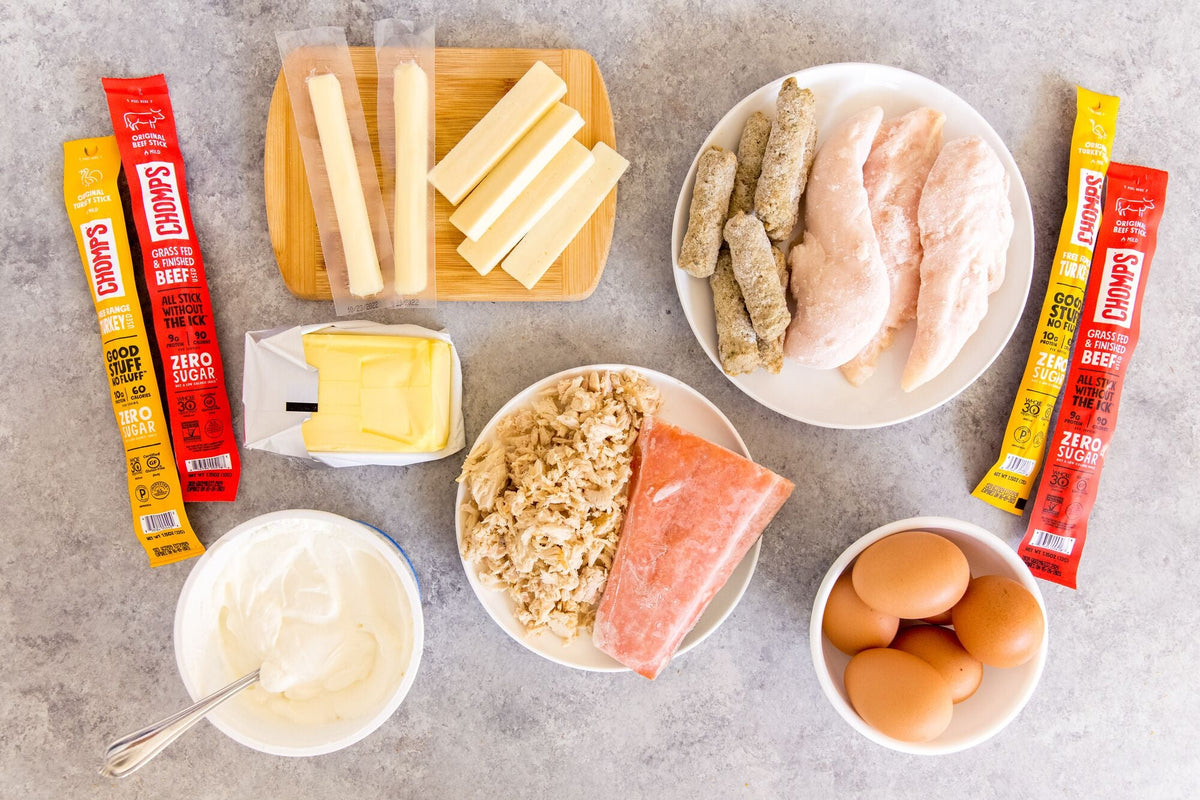 Turkey and Beef Chomps sitting besides Keto friendly ingredients: Cheese, Chicken, Fish, and Eggs