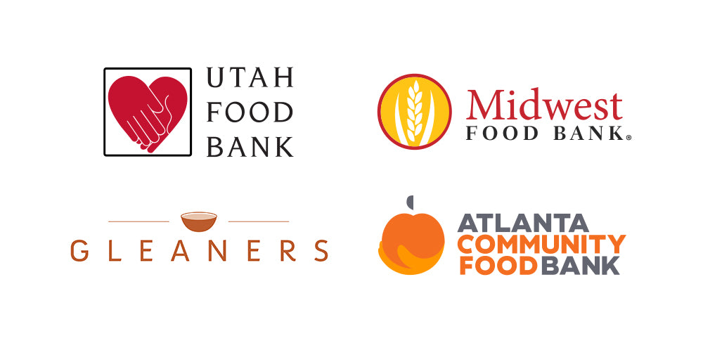 Four organization logos arranged on a white background: Utah Food Bank with a red heart icon, Midwest Food Bank with a wheat icon, Gleaners with orange text and a small bowl icon, and Atlanta Community Food Bank with an orange peach icon.