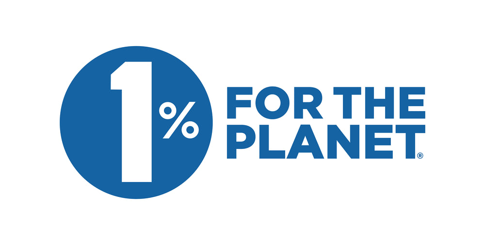 The logo for 1% For The Planet, featuring a blue circle with a white '1%' and blue text reading 'FOR THE PLANET' on a white background.